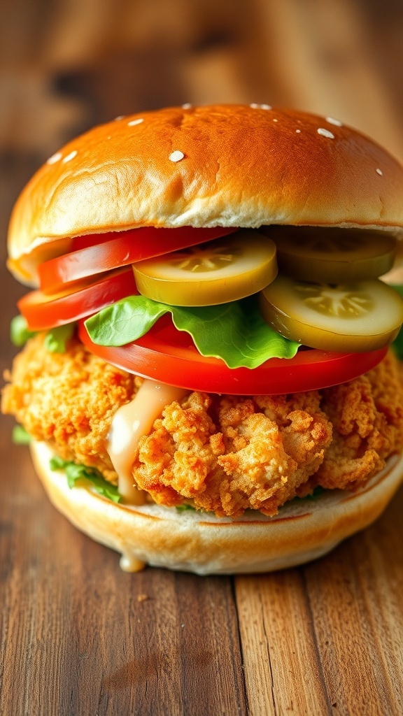 A crispy air fryer chicken sandwich with lettuce, tomato, and pickles on a wooden table.